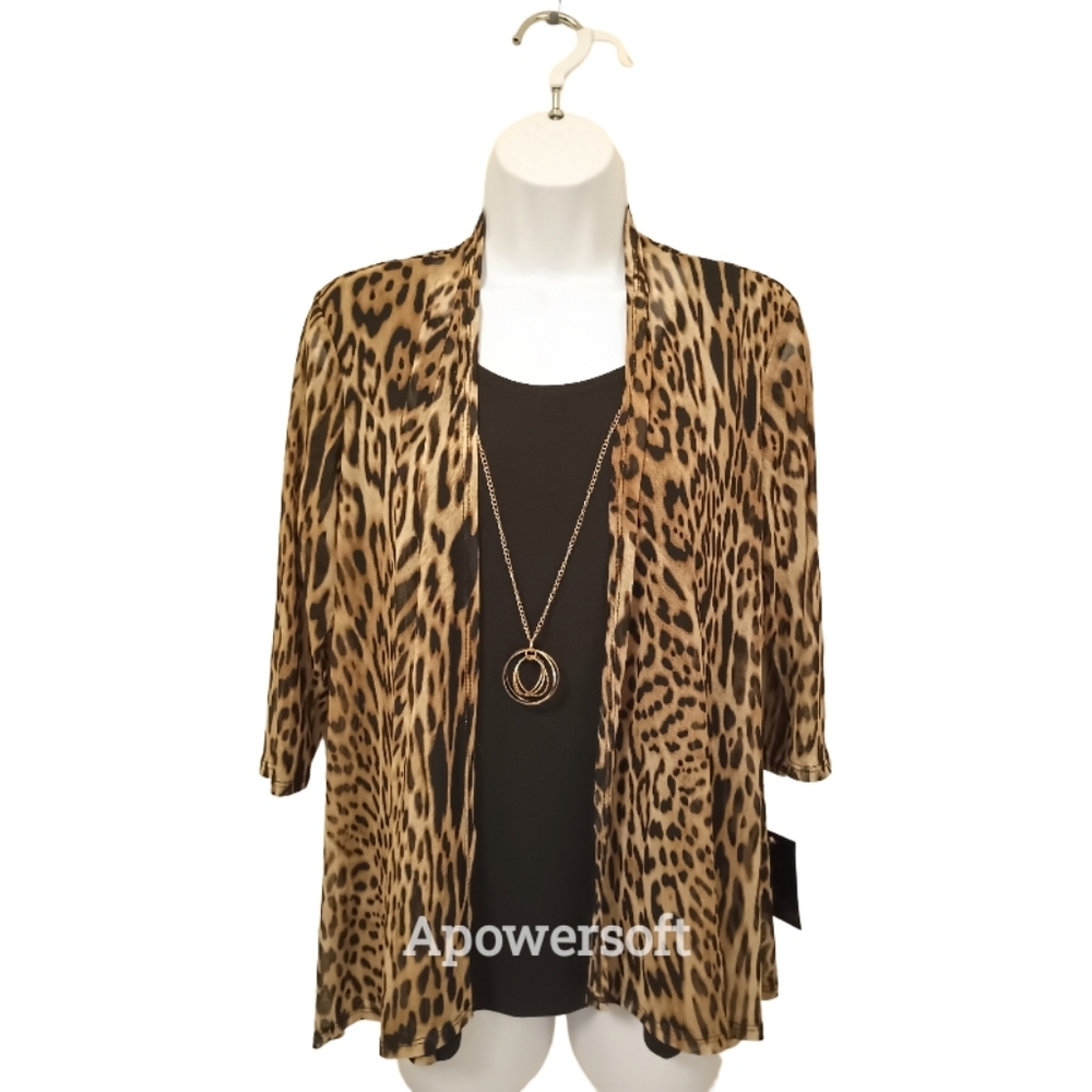 Stitch Collection Black Scoop Blouse Attached Tiger Print Sheer Sweater w/Chain